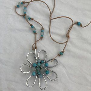 Large Hammered Aluminum Flower Necklace Turquoise Beads Handmade by Meigsart